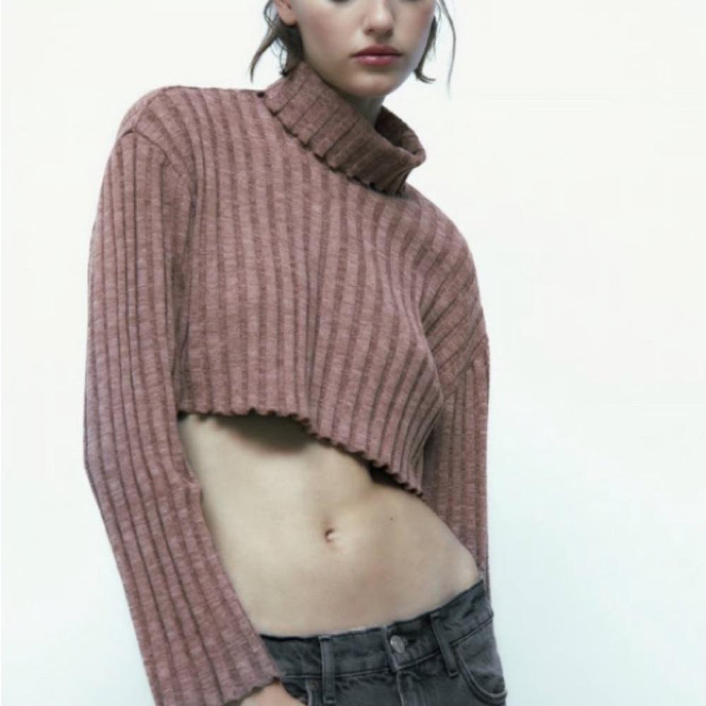 Zara Tan Cropped Turtleneck Sweater Size Medium NWT